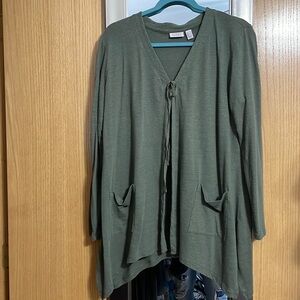 LOGO Lori Goldstein green open cardigan with tie size Medium front pockets